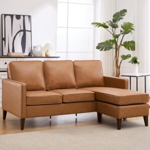 HAOMARKETS Faux Leather L-Shaped Sofa in tan leather, accompanied by a matching footstool, showcasing a contemporary style