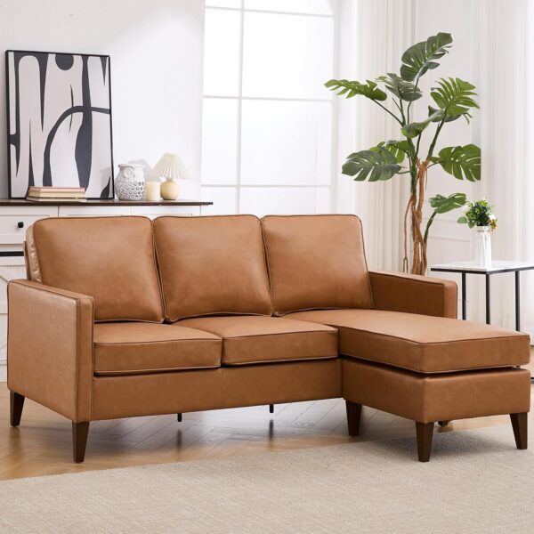 HAOMARKETS Faux Leather L-Shaped Sofa in tan leather, accompanied by a matching footstool, showcasing a contemporary style