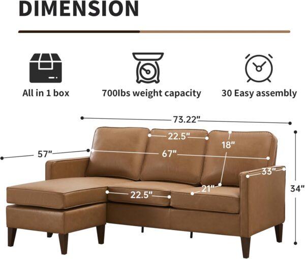 Dimensions for HAOMARKETS Faux Leather L-Shaped Sofa and ottoman shown in a clear layout.