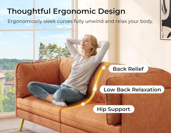 A woman sits on a Vesgantti 73-inch mid-century modern sofa, showcasing its thoughtful ergonomic design and comfy cushions.