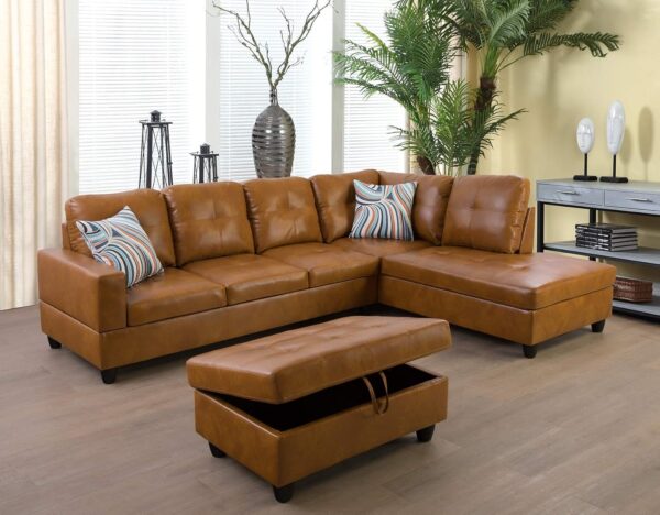 A caramel brown leather sectional sofa and ottoman by Beverly Fine Furniture, designed for comfort and elegance.