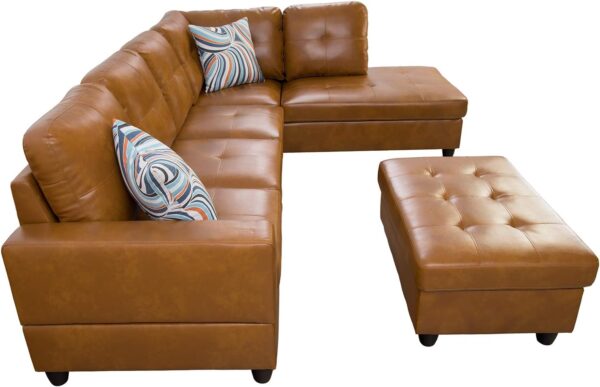 Brown leather sectional sofa with ottoman from Beverly Fine Furniture, featuring a caramel color and modern design.