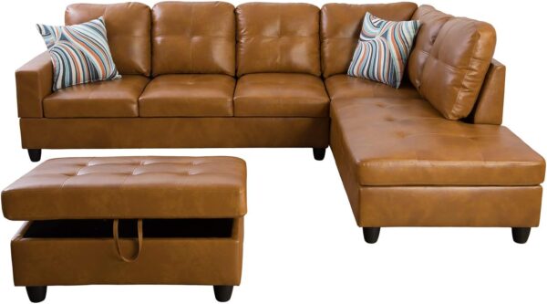 Brown leather sectional sofa with ottoman from Beverly Fine Furniture, featuring a caramel color and modern design.
