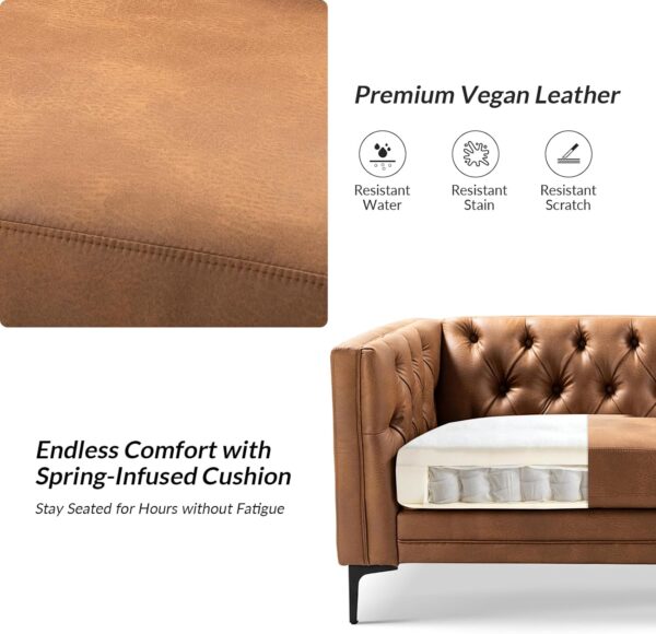 Vegan leather sofa with a spring in the middle, featuring metal legs and button-tufted design, ideal for modern living spaces.
