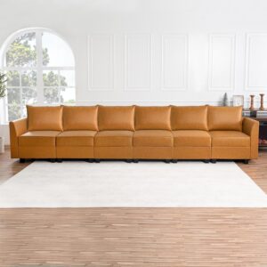 Tan leather sectional sofa in a modern room, part of the Naomi Home Elizabeth DIY Collection, featuring six modular pieces.