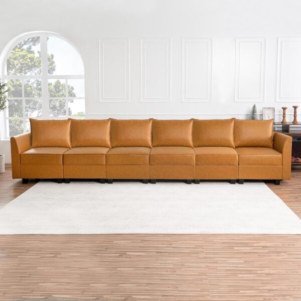 Tan leather sectional sofa in a modern room, part of the Naomi Home Elizabeth DIY Collection, featuring six modular pieces.