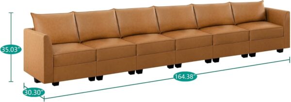 Dimensions of a tan leather sofa from the Naomi Home Elizabeth Modern DIY Collection, featuring a modular design for versatile use